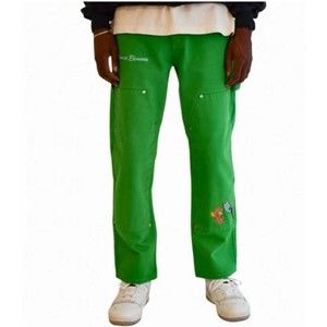 Mechali Mens Baggy Carpenter Jeans Green Tool Loop Crop Bird Embroidery XS (28)